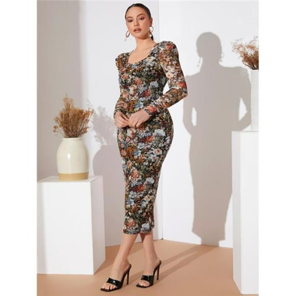 Women's Boho Floral Lace Stretch Bodycon Dress Hawaiian Sweetheart Neck Dress, M - Picture 6 of 6